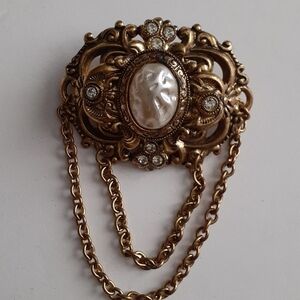 1928 BROOCH Antique Aged RETRO Gold Mabe Pearl Diamond  Vintage COLLECTIBLE